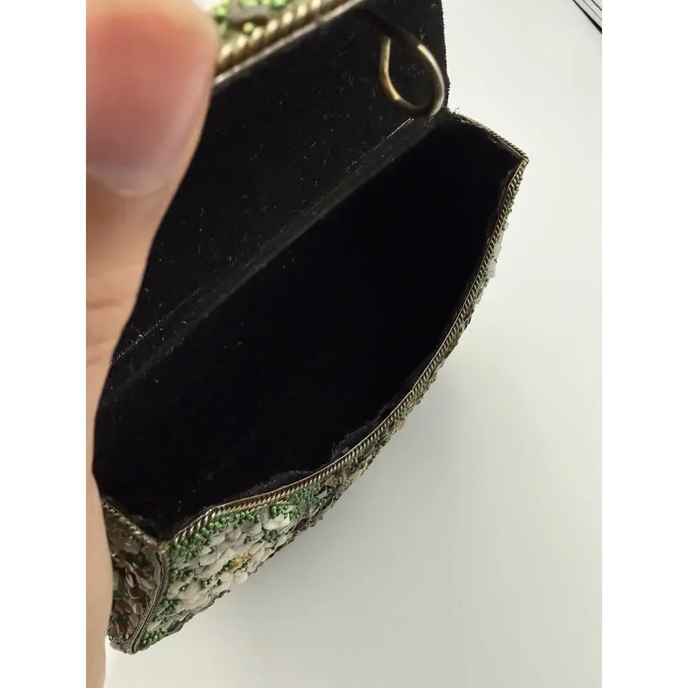 Vintage Mosaic Stone Hard Shell Evening Clutch Bag Green Quartz Beaded Purse